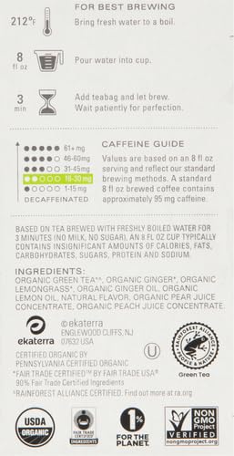 TAZO ORGANIC GREEN TEA, GREEN GINGER, CAFFEINATED TEA, 16 TOTAL BAGS