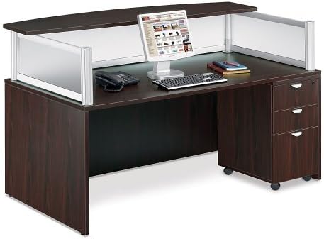 Officient Neoterik Contemporary Reception Desk with Mobile Pedestal, Mocha Laminate/Frosted Plexi
