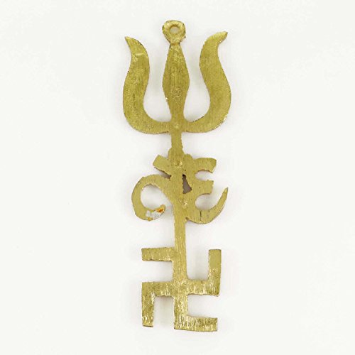 Energized Gold Plated Brass Evil Eye Repellent Om Swastik Trishul Tri Shakti Car Hanging