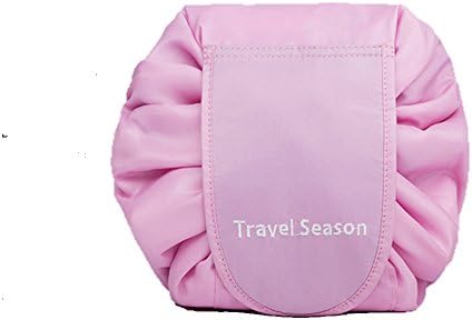 Drawstring Cosmetic Bag Travel Lazy Makeup Storage Bag Toiletry Bags Portable&amp;Waterproof Quick Pack Large Cosmetic Bag Dual Magic Bags with Zipper&amp;Drawstrings (Pink Logo)