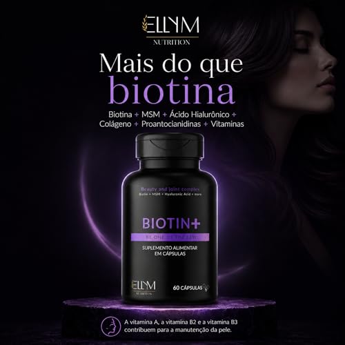 Biotina+ 180 Capsulas Ellym NUtrition Pele Cabelo e Unhas 100% Biotina MSM Acido Hialuronico Vitaminas B1 B2 B3 B5 B6 B12
