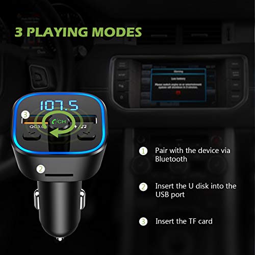 [2019 New] Bluetooth V5.0 FM Transmitter for Car, KeeKit Wireless Car Radio Adapter with Quick Charge 3.0, 7 Color RGB LED Backlit, Music Player Supports TF Card, USB Disk, Hands Free Car Kit - Black