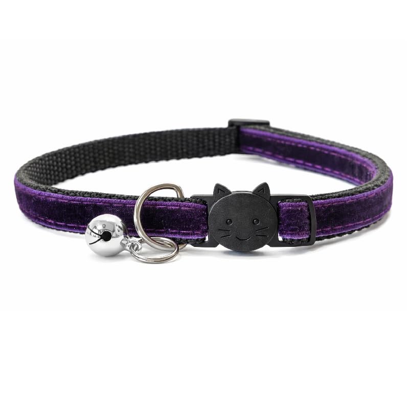 Velvet Cat Collars with Bell | Quick Safety Release Breakaway Buckle | Handmade in the UK | Available in Cat & Kitten Size | Deep Purple Velvet — image 1
