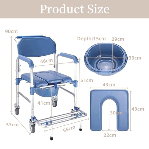 ybaymy 4-in-1 Wheeled Shower Chair, Bathroom Shower Chair with Wheels for Elderly, Waterproof Wheeled Commode Toilet Chair with Removable Bucket, Bedside Commode Chair on Wheels for the Disabled