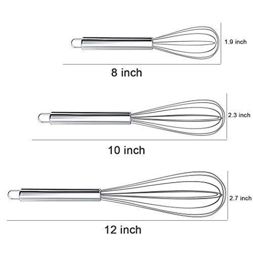 Set of 3 Whisk 8 Inch +10 Inch +12 Inch, Kitchen Balloon Hand Stainless Whisk Set for Blending Whisking Beating Stirring - Thumbnail 3