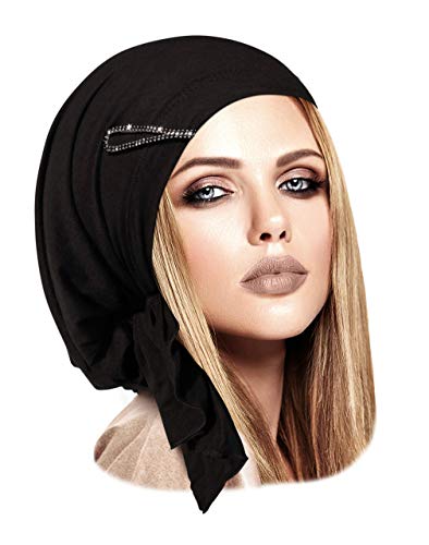 ShariRose Pre-Tied Cotton Headwear Headscarf Chemo Cancer & Tichel Friendly Over 30 Colors! (Black Rhinestone Clip) - Thumbnail 3