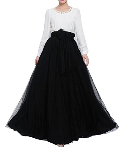 Women Floor Length Long Maxi Puffy Tulle Skirt A Line with Bowknot Belt High Waisted for Wedding Party Evening (Black, Medium)