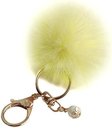Tenworld Gold Plated Keychain Rabbit Fur Ball Pom Pom Keychain for Car Key Ring Handbag Tote Bag Pendant Charm (Yellow)