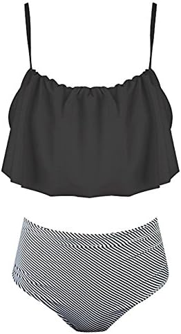 Women’s Sexy Two Piece Falbala Flounce High Waist Bikini Set Chic Swimsuit (L (US 8-10), Black)