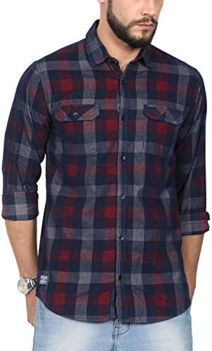 NORTH REPUBLIC Men's Red and Blue Corduroy Checks Cotton Full Sleeves Casual Shirt