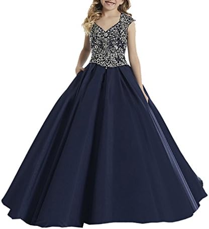 Dengfeng Big Girl's V neck Cap Sleeve Beaded Miss National Kids Pageant Dresses 10 Nave Blue