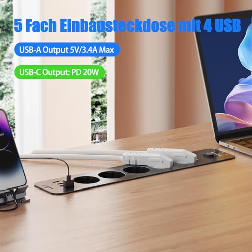 Versenkbare Steckdose mit USB, 5 Fach Einbausteckdose mit 2 USB, Tischplatte Versenkte Steckdose mit 2 USB C, Einbau Steckdosenleiste mit 2M Kabel für Arbeitsplatte Möbel, Schwarz