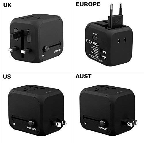 FLOUREON Universal Travel Power Adapter USB Wall Charger Outlet Plug All-in-one International Power Adapter with 2.4A Dual USB Charger for UK, EU, AU, Asia Covers 150+Countries,Black+Surge Protection