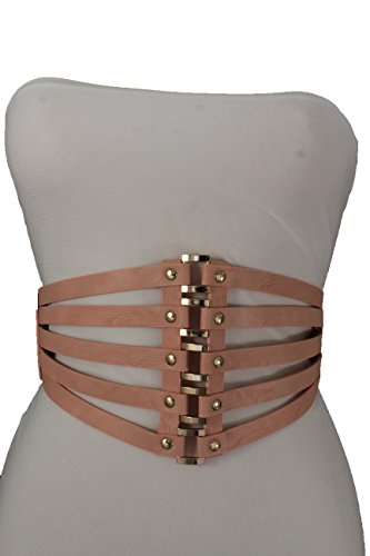 TFJ Women Fashion Belt High Waist Gold Metal Rings Stripes Corset S M Pastel Pink