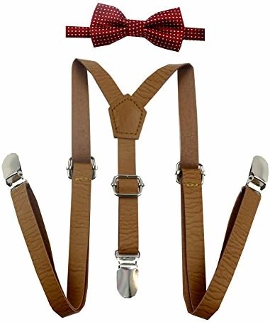 Skinny Leather Suspenders for Baby, Toddler, and Children (Vine Red Burgundy White Polka Dot Bow)