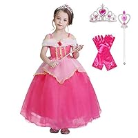 HNXDYY Princess Aurora Costume Girls Sleeping Beauty Halloween Christmas Party Dress+Crown Size (140) 6-7 Years Pink