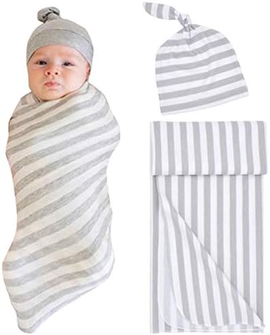 COLOOM Newborn Receiving Blanket Headband Set Stripes Print Baby Swaddling Blankets Nightgowns + Beanie Hat (Grey, 0-6Months)