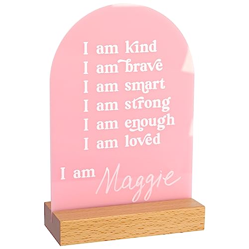 HAMUIERS Positive Affirmations for Kids, Personalised Kids Affirmations Sign, Kids Mindfulness Gift for Baby Shower, Affirmations Plaque Sign with Wooden Stand, Nursery Room Decor - Girl