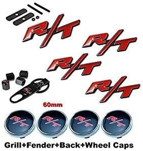 1pcs R/T Front Grille + 2pcs R/T Fender + 1pcs R/T Back Car Emblem Badge Sticker + 4pcs Wheel Hub Caps + 4pcs Tire Valve Caps Auto Car Accessories Continental Designed Dodge