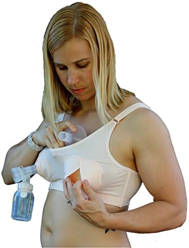 Hands-Free Universal Breast Pump Bra for Multitasking moms with Free Pair of Washable Breastpads, Small Nude
