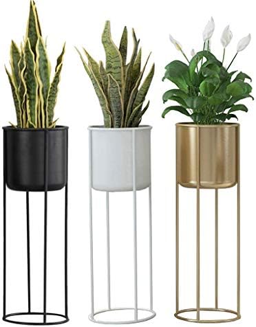 GQSHK Plant Stand Set - 3-Piece Modern Planter with Tall Metal Stand - Decorative Standing Flower Pot Holder Indoor Outdoor Living Room Home Decor - Black Gold White
