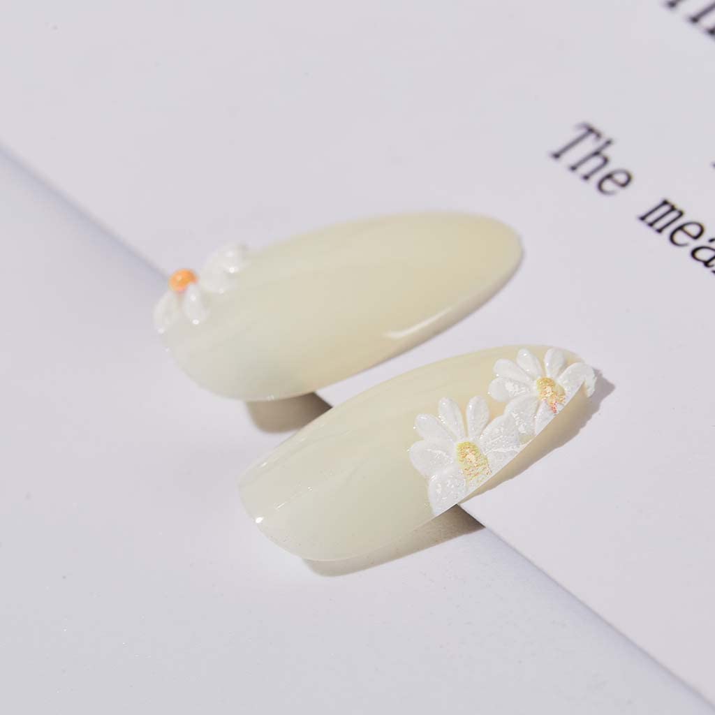 RikView White Almond Press on Nails Medium Fake Nails Nude Stick on Nails Embossed Nails with Daisy Design - Image 2