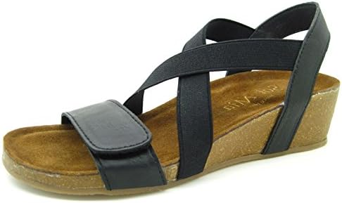 Sol Mia Women's Low Heel Wedge Comfort Sandals Adjustable Elastic Shoes, Black, 7 B(M)/38 M EU