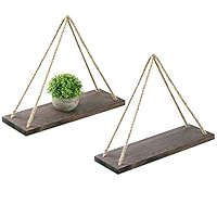 Oyeye Distressed Wood Hanging Swing Rope Floating Shelves with 4 Stainless Steel Hooks, Set of 2, Brown