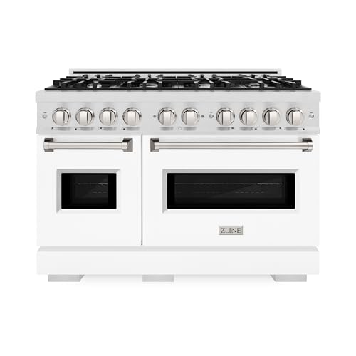 ZLINE 48 in. 6.7 cu. ft. Classic Double Oven Gas Range with 8 Burner Cooktop in Satin Stainless Steel with White Matte Doors (CGRS-WM-48)