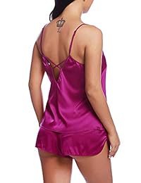RSLOVE Conjunto de pijamas de satén sexy con cuello en V para mujer