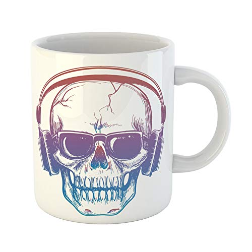 Emvency Coffee Tea Mug Gift 11 Ounces Funny Ceramic Colorful Sketch of Skull and Headphones Human Music Lover White Gifts For Family Friends Coworkers Boss Mug