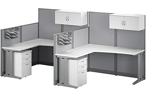 Bush Business Furniture Office in an Hour 2 Person L Shaped Cubicle Desks with Storage, Drawers, and Organizers in Pure White | Double Workstation Set with Privacy Panels for Commercial Workspace