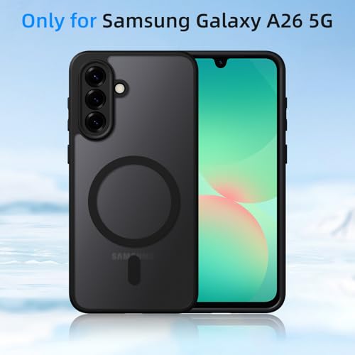 Coiwxmoi Cover for Samsung Galaxy A26 5G Compatible with MagSafe with 2 Pieces Tempered Glass, Opaque Translucent Magnetic Case, [Shockproof Military Grade] Frosted Back Cases, Black