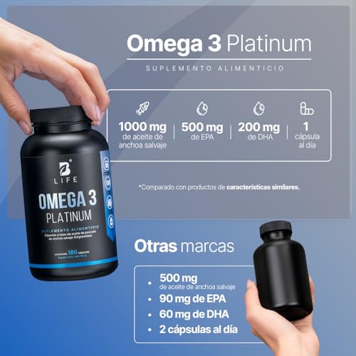 Omega 3 Aceite de Anchoa Salvaje con 180 Cápsulas de 1000 mg. Libre de Metales Pesados. Ingredientes Naturales. Omega 3 Platinum B Life.