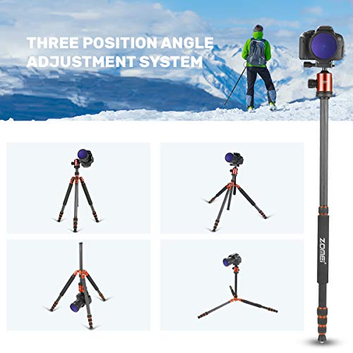 ZoMei Carbon Fiber Tripod,Camera Tripod for dslr,66.5" Camera Tripod Monopod with 360 Degree Ball Head,Load up to 33 pounds (orange)