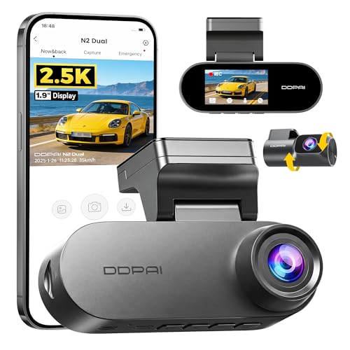 DDPAI Dash Cam for Cars, 2.5K+1080P Front and Rear, 1.9" Screen Dashcam Car Camera with WiFi, AI ISP Night Vision, Loop Recording, 24H Parking Monitor, G-Sensor, Max Support 256G, N2 Dual