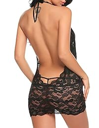 Lencería para dama de encaje con forma de osito sexy y profundo V halter, body de una pieza