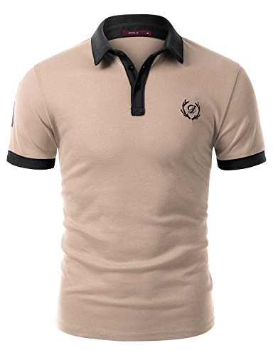 Doublju Mens Casual Short Sleeve Polo T-Shirts with Point Stitching, BEIGE, XL