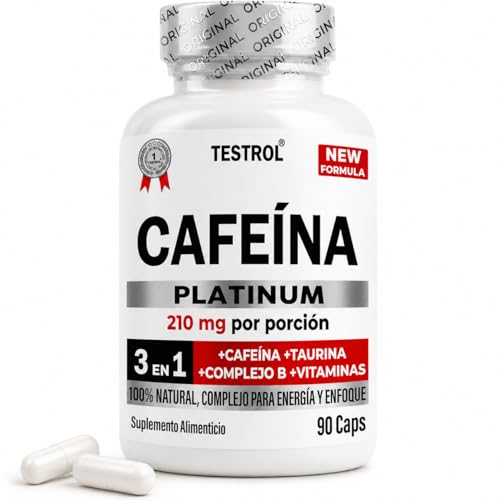 Cafeína Platinum 210mg | Fórmula con Taurina, Magnesio y Complejo B | Preentreno | Energía y Enfoque | Cafeina capsulas Testrol | 90 Cápsulas