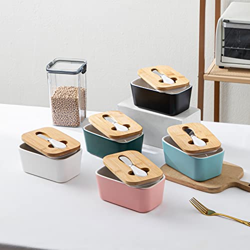 Porcelain Butter Dish with Knife & Wooden Lid, Henten Home Airtight Butter Keeper for Countertop, Large Butter Holder for East West Coast Butter(Matte Black)
