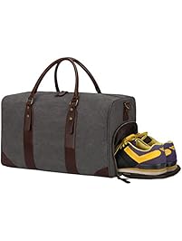 S-ZONE Canvas PU Leather Trim Travel Tote Duffel Shoulder Handbag Weekender with Shoe Compartment