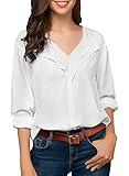 Jevole Womens Casual Roll Sleeve V Neck Chiffon Blouses Tops