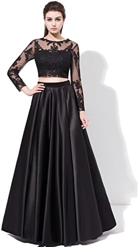 FNKS Long Sleeve Satin Two Piece Prom Dress Evening Gown Black US 14