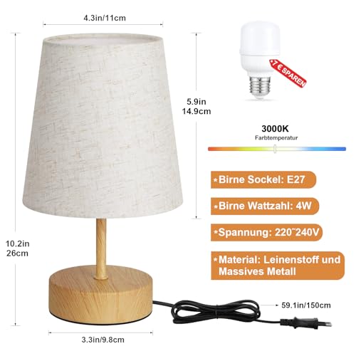 PreeOtti Bedside Lamp Touch Dimmable Table Lamp with USB A+C Charging Function | Lampshade in linen colour, small lamp for bedside table, living room, bedroom, children's room, office, bulb included