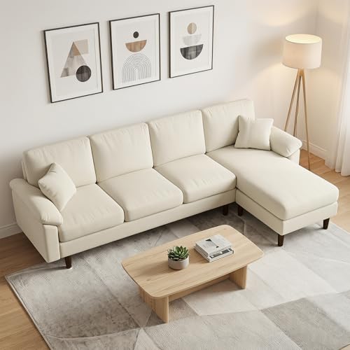 HOMCOM Changeable Sectional Sofa with Chaise Lounge, 111" Modern 4-Seater Couch with Pillows, Wooden Legs, L-Shape Corner Sofa for Living Room, Cream White