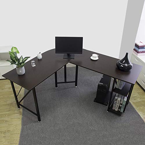 L Shaped Computer Desk - Bizzoelife Large Corner Desk Gamer Laptop Table 67" + 59” with CPU Stand Storage Shelf for Home Office Working Studying Gaming (Coffee)