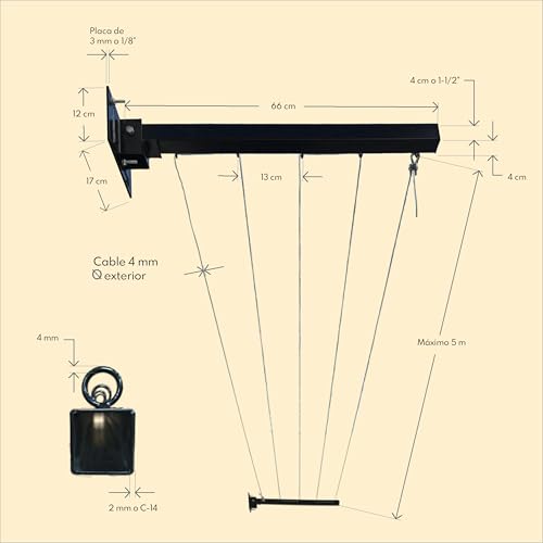 Tendedero de Ropa en Pared con Accesorios de Acero Inoxidable y 5 líneas de Cable de Acero Recubierto de Plástico, Rack para Ropa Grande y Extendible hasta 5 m. Colgador de Ropa Interior y Exterior