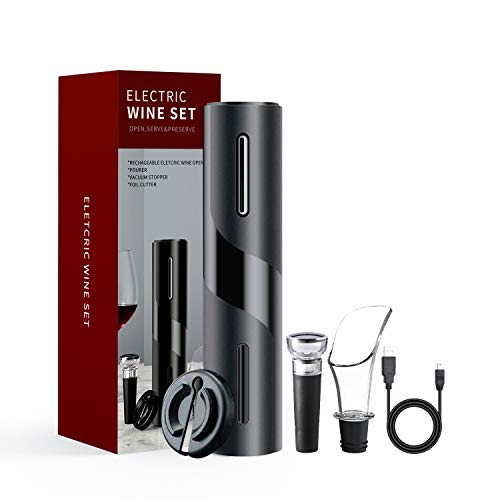Electric Wine Opener, 5-in-1 Rechargeable Automatic Wine Bottle Cordless Corkscrew Set with Wine Foil Cutter, Wine Vacuum Saver Stopper, Aerator Pourer & USB Charging Cable, Wine Lovers Kit Set