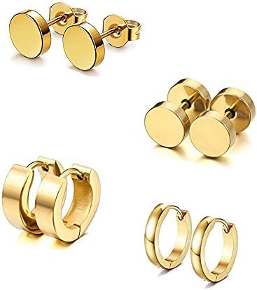 Stud Earrings for Men [Stainless Steel] Huggie &amp; Earplug Earrings [Piercing 18G - Pair of 4] - Gold