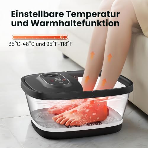 klappbares Fußsprudelbad mit Massage und Heizung, Fußbad mit 14 Heizstufen | Shiatsu-Rollen | Blasen | Rotlicht | Timer, Fußwanne elektrisch 35℃-48℃, faltbares Fußmassagegerät